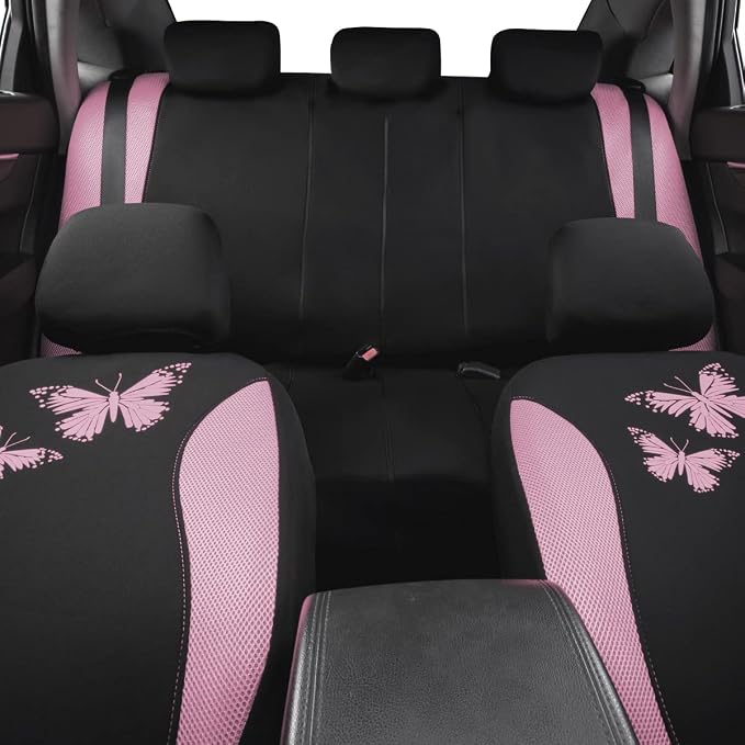 Flying Banner Butterfly car seat Covers ful Set Fashion Universal Lady Woman Female Rear Bench Split Colorized (Pink Black, Full Set) - Image 8