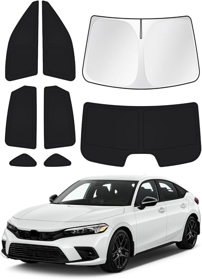 Canvcle Windshield Sun Shade for 11th Gen Honda Civic 2022-2025 2026 (NOT for Hatchback) Side Rear Window Shade Cover Kit Full Window Sun Visor Shield Camping Keep Vehicle Cool Black 8PCS by Canvcle