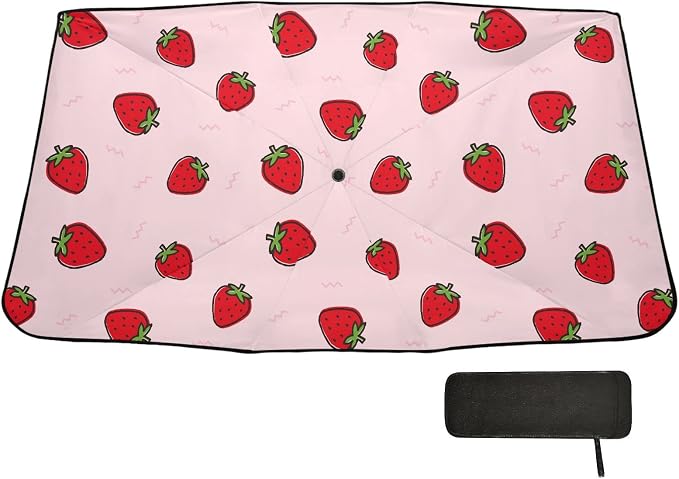 Cute Strawberry Pink Windshield Sun Shade Umbrella Foldable Car Front Window Sunshade Blocks UV Rays Heat Keep Vehicle Cool (55" x 27.5") - Image 7