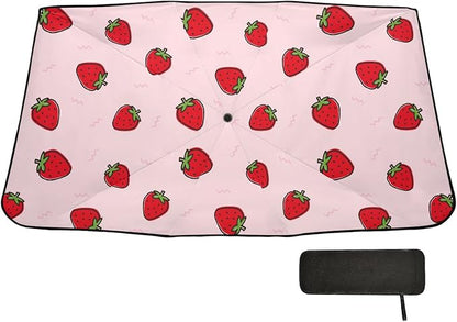 Cute Strawberry Pink Windshield Sun Shade Umbrella Foldable Car Front Window Sunshade Blocks UV Rays Heat Keep Vehicle Cool (55" x 27.5") - Image 7