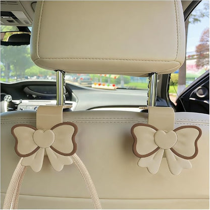 2PCS Car Seat Headrest Hook, Cute Bow Vehicle Backseat Storage Hanger Purse Handbag Organizer, Automotive Interior Seat Back Hook Holder for Umbrella Hat Bag, Universal for Vehicles (Beige) - Image 6