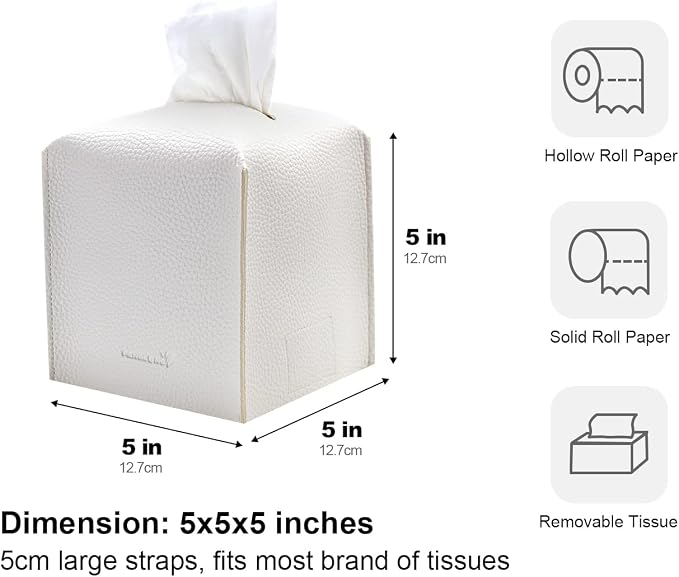 Tissue Box Cover 5X5X5'' PU Leather Tissue Holder Square Tissue Cube Box Organizer for Bathroom Vanity Countertop, Car, Night Stands, Office, Home, Kitchen (2Pack, White) - Image 5