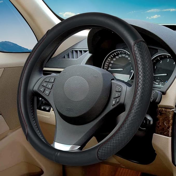 Steering Wheel Cover - Microfiber Leather, Classic Embossing, Anti-Slip Breathable, Fit 15 Inch (Black & Red Line) by VARGTR