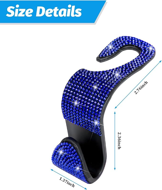 Zpana 4PCS Bling Car Seat Headrest Hooks, Vehicle Back Seat Purse Handbag Hanging Holder with Crystal Rhinestone, Diamond Storage Organizer Hook, Universal Automotive Accessories (Blue) | Vehicle Back Seat Purse Handbag Hanging Holder, Crystal Diamond ... - Image 2
