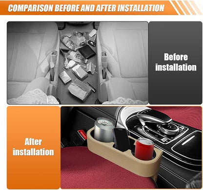 Car Cup Holder, PU Leather Auto Seat Gap Filler Organizer (Beige) | Multifunctional Vehicle Cup Drink Holder, Front Console Storage Box for Coin Cellphone Sunglasses, Universal Car Accessories - Image 5