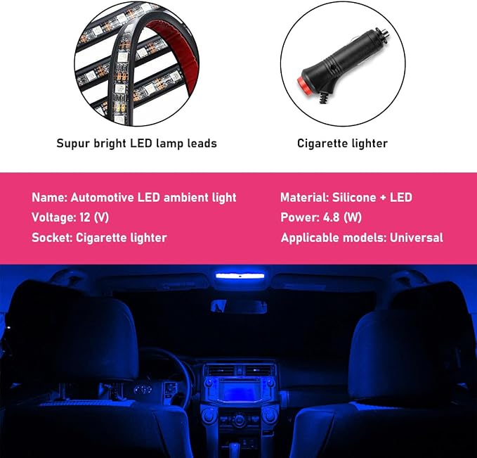 Car LED Strip Light, 24 LEDs RGB Neon Interior Atmosphere Lights, 12V Under Dash Ambient Night Light, Cigarette Lighter Auto Interior Decorative Lamp, Car Accessories (Blue) - Image 3