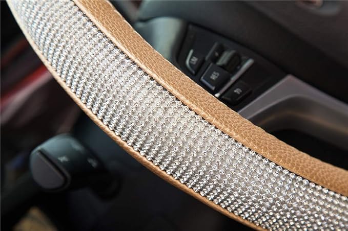 New Diamond Leather Steering Wheel Cover with Bling Crystal Rhinestones | Universal Fit 15 Inch Car Wheel Protector for Women Girls Gold - Image 6