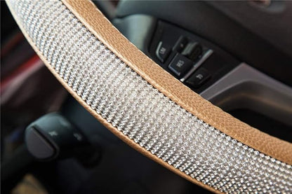 New Diamond Leather Steering Wheel Cover with Bling Crystal Rhinestones | Universal Fit 15 Inch Car Wheel Protector for Women Girls Gold - Image 6
