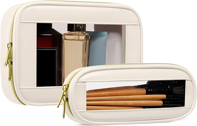 2-Piece Leather Clear Makeup Bag Set, Clear Cosmetic Bag with Zipper, Waterproof Makeup Brush Bag, TSA Approved Toiletry Bag for Travel, Car Organization for Women (Beige-2, Slim+Medium) by JRQCSJY