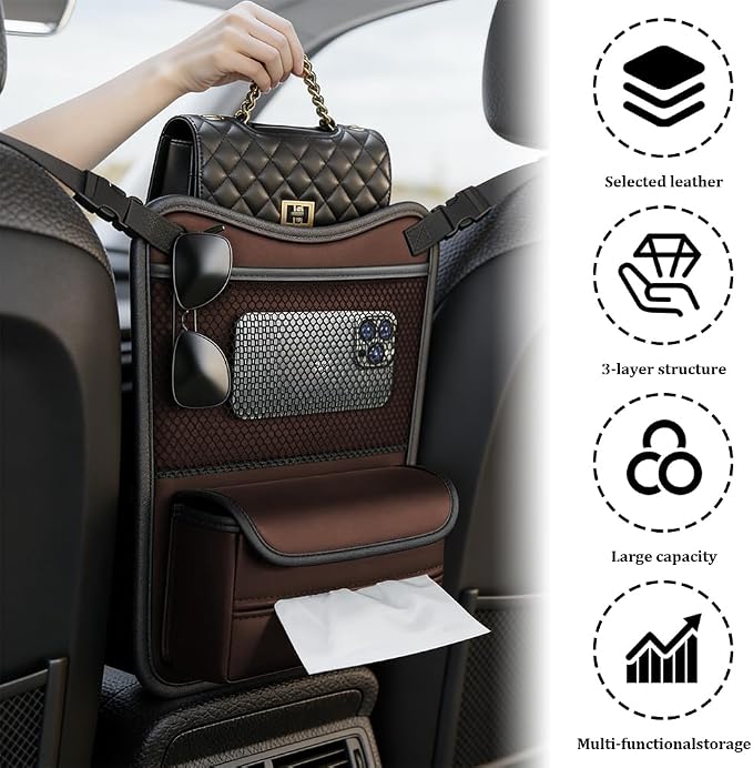 Car Organizer Storage Between Seats, Car Purse Holder, Nappa Leather Front Seat Storage Bag with Tissue Holder, Large Capacity Auto Console Organizer for Document Phone Wallet Snack (Brown) - Image 5