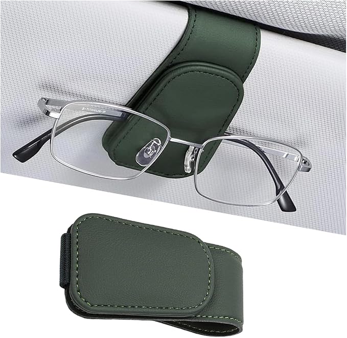 Sunglasses Holder for Car Visor, Microfiber Leather Magnetic Sun Visor Eyeglasses Hanger & Ticket Card Clip, Multi-Function Automotive Interior Glasses Mount, Universal Fit (Black Green) by Ywdiml