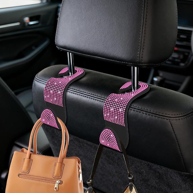 4PCS Bling Car Seat Headrest Hooks, Purse Holder for Car, Vehicle Back Seat Purse Handbag Hanging Holder with Crystal Rhinestone, Diamond Car Rear Seat Organizer for Vehicles (Pink/Black) - Image 3
