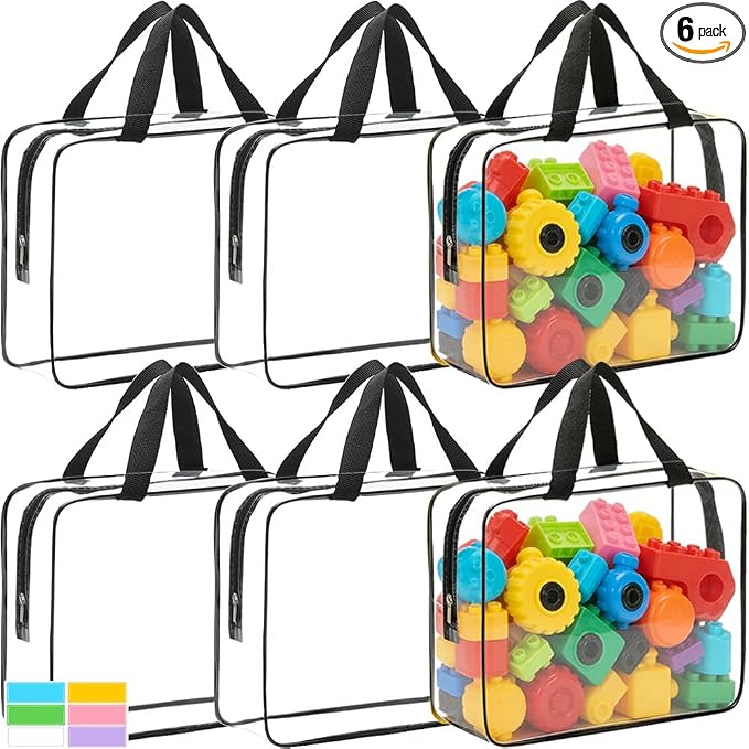 6 Packs Extra Large Toy Storage Bags with Zipper, Clear Toy Organizer Bag | with Labels for Blocks, Reusable 11.8″×8.6″×3.9″ Travel Waterproof Organizer Bags for Puzzles, PVC Plastic Toy Container by Unknown