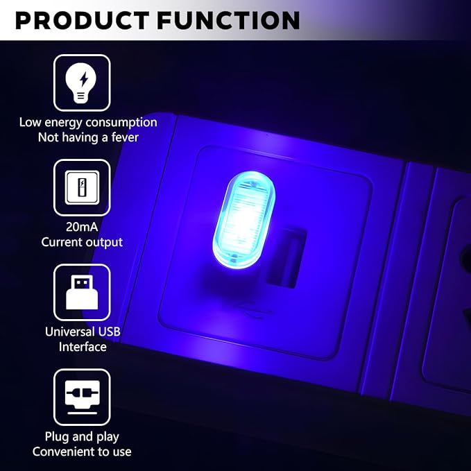 4PCS USB LED Car Interior Atmosphere Lamp, Portable Plug-in Mini Vehicle Night Light, Automotive Trunk Ambient Lighting Decoration Kit, Universal for SUV Sedan Truck (Blue) - Image 3