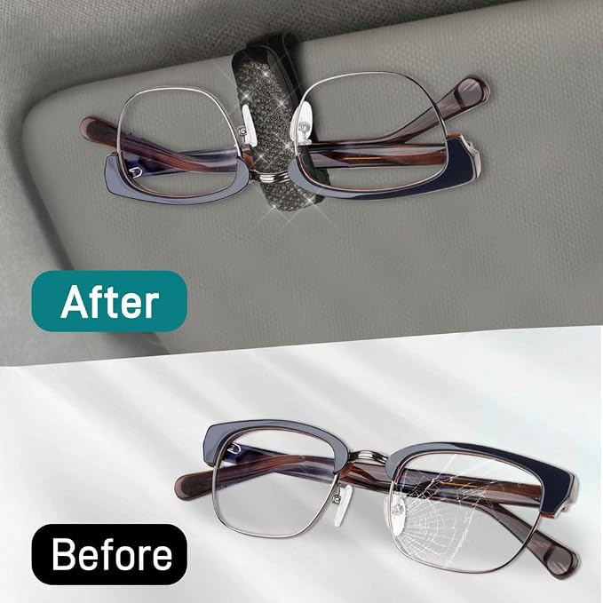 2PCS Glasses Holders for Car Sun Visor, Fashion Bling Crystal Rhinestones Car Eyeglasses Sunglasses Hanger Mount with Ticket Card Clip, Universal Vehicle Visor Accessories for Women Men (Gray) - Image 4