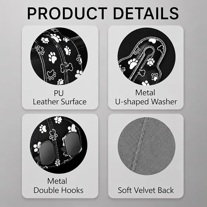 Cute Black Paw Car Seat Back Storage Headrest Hooks for Purses & Bags – 2PCS PU Leather Dual Metal Hooks, Backseat Organizer Accessories - Image 3
