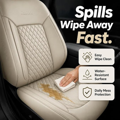 Beige Thick Nappa Leather Automotive Front Car Seat Covers Set of 2 | Univerasal Fit,3D Contoured,Full Coverage,Waterproof,ThickTexture Nappa Leather,for most Suvs Trucks Sedans - Image 2