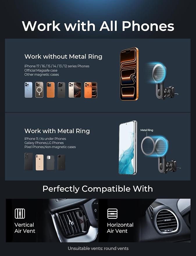 LISEN for MagSafe Car Mount, Magnetic Phone Holder for Car Vent Phone Mount, Air Vent Hands Free Phone Mount, Super Magnetic Phone Mount, Gifts Car Phone Holder Magnetic for iPhone 17 Pro Max 16 15 | Upgraded Strongest Magnet Power, Metal Hook Clip, 36... - Image 9