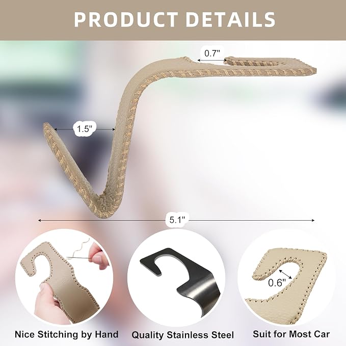 Car Purse and Coat Hanger - 2Pack Beige Leather Hooks for Hanging Purses, Bags and Coats - Image 6