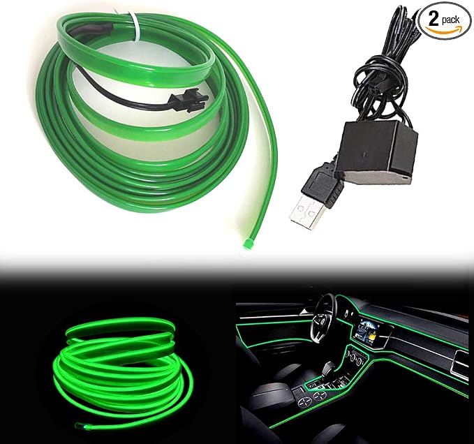 El Wire Green Interior Car LED Strip Lights, 3M Neon Wire USB 5V with Fuse Protection for Automotive Interior Decoration, with 6mm Sewing Edge by Maxlaxer