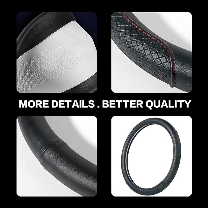 Steering Wheel Cover - Microfiber Leather, Classic Embossing, Anti-Slip Breathable, Fit 15 Inch (Black & Red Line) - Image 4