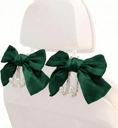 2PCS Satin Bow Pearl Car Seat Headrest Hooks – Car Bag Holder & Vehicle Hanger for Purses – Cute Coquette Aesthetic Interior Decoration – Cute Auto Organizer Accessories Universal (Galactic Green) - Image 9