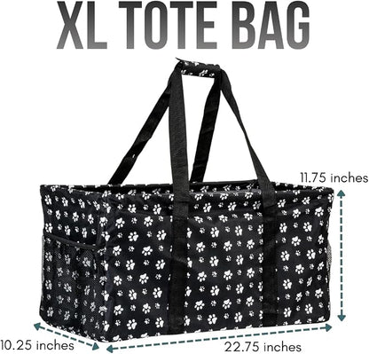Extra Large Utility Tote Bag - Oversized Collapsible Reusable Wire Frame Rectangular Canvas Basket With Two Exterior Pockets For Beach, Pool, Laundry, Car Trunk, Storage - Dog Paw - Image 4