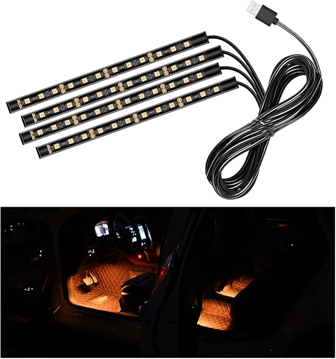 Car LED Strip Light, 48 LEDs RGB Neon Interior Atmosphere Lights, 12V Under Dash Ambient Night Light, USB Port Auto Interior Decorative Lamp, Universal Car Accessories (Orange-Yellow) by Sylvil