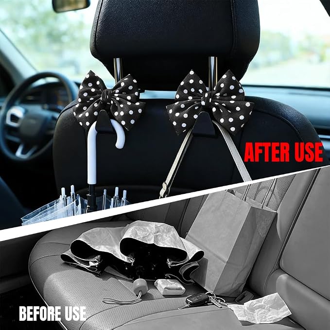 2PCS Car Seat Headrest Hooks, Car Purse Hook, Cute Bow Knot Vehicle Seatback Hanging Storage Organizer, Auto Seatback Decor Organizer Hanger for SUV Truck (Black/Polka Dot) - Image 4