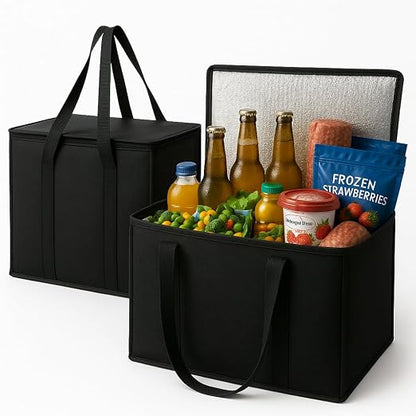 2-Pack, XL-Large Insulated Grocery Shopping Bags, Black, Reusable Bag | Thermal Zipper,Collapsible,Tote,Cooler Bag,Transport hot and Cold,Camping groceries Insulated Food Delivery Bag by Musbus