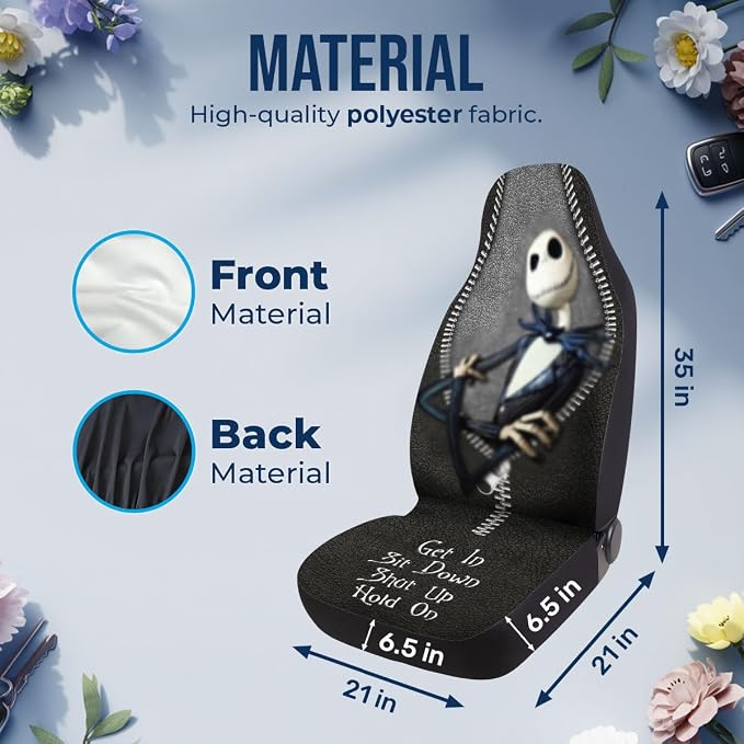 GENANY Gothic Skeleton Suit Car Seat Covers, 2-Piece Front Seat Set | 2-piece polyester front seat cover set, each 35 x 21 x 21 inches, with adjustable straps and hooks - Image 4
