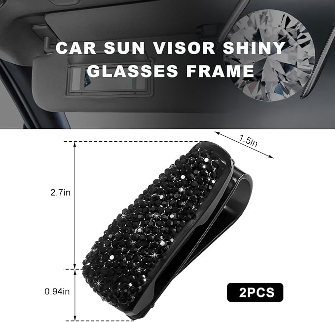 2 PCS Glasses Holders for Car Sun Visor, Bling Crystal Rhinestones Car Sunglasses Holder with Ticket Card Clip, Eyeglasses Hanger Mount for Women Girls, Car Interior Accessories (Black) - Image 2