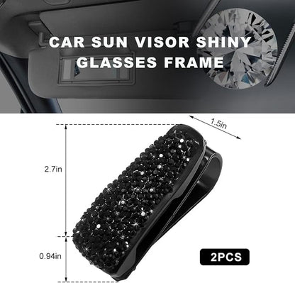 2 PCS Glasses Holders for Car Sun Visor, Bling Crystal Rhinestones Car Sunglasses Holder with Ticket Card Clip, Eyeglasses Hanger Mount for Women Girls, Car Interior Accessories (Black) - Image 2