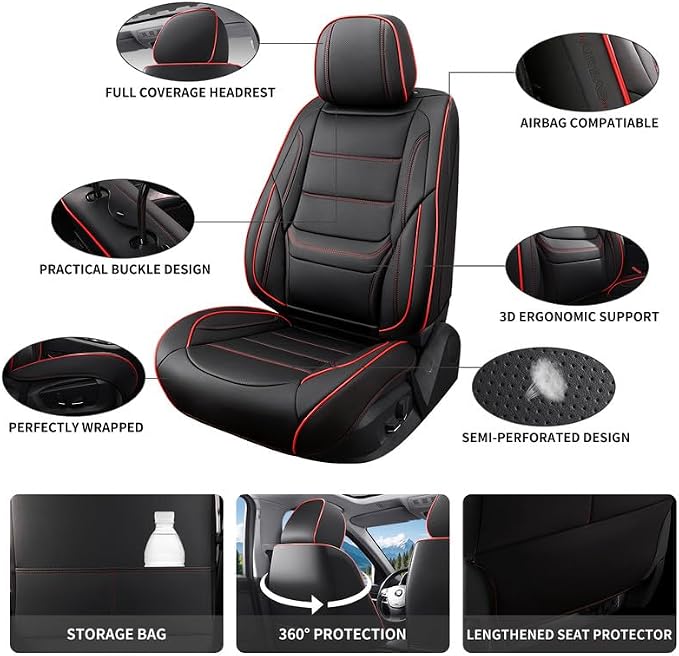 Car Seat Covers Full Set Custom Fit For Lexus GS350 2011-2020, Black&Red | Lumbar Support, Premium Faux Leather, Breathable, Anti-Slip, Airbag Compatible, Waterproof, Car Seat Protectors, 2 Row-5Seat - Image 3