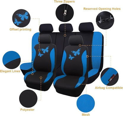 Flying Banner Butterfly car seat Covers ful Set Fashion Universal Lady Woman Female Rear Bench Split Colorized (Full Set, Blue) - Image 2