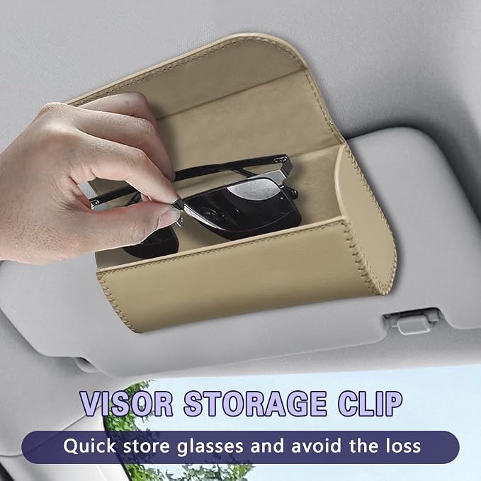 Sunglasses Holder for Car Sun Visor, Sunglass Organizer for Car, Magnetic Leather Eyeglasses Protective Storage Case, Waterproof Glasses Organizer Visor Accessories for Vehicles (Beige) - Image 3