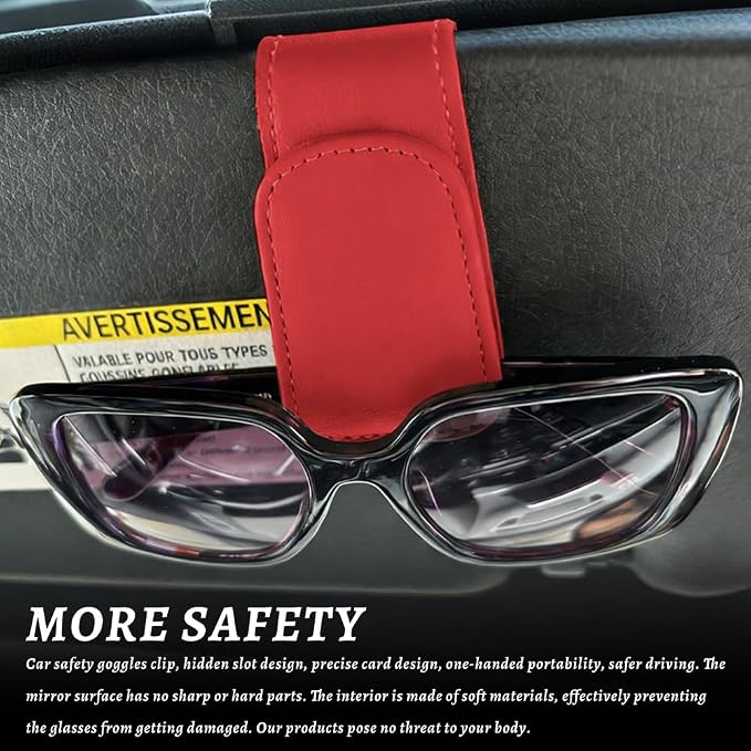 Sunglass Holder for Car, Car Sunglass Holder, Magnetic Leather Sunglasses Holder and Ticket Card Clip, Auto Multi-Functional Sun Visor Eyeglass Holders for SUV Pickup Truck (Red) - Image 3