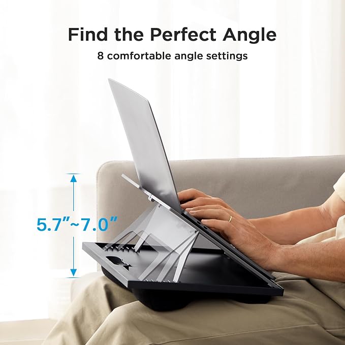 HUANUO Lap Desk with 8 Adjustable Angles – Up to 15.6" Laptop, Grey | Dual-cushion base, carry handle, 30% thicker for durability, wider anti-slip ledge, for home office, sofa, bed, car - Image 2