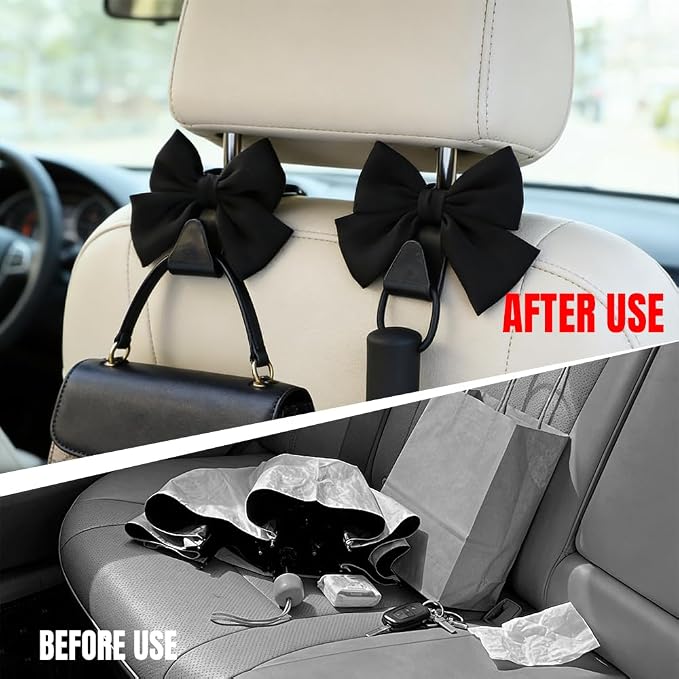2PCS Car Seat Headrest Hooks, Car Purse Hook, Cute Bow Knot Vehicle Seatback Hanging Storage Organizer, Auto Seatback Decor Organizer Hanger for SUV Truck (Black) - Image 4