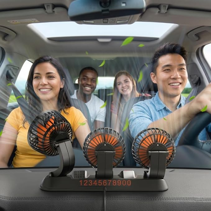 24V Heavy Duty Car Cooling Fan with Cigarette Lighter Plug, 3-Head High Speed Fan, 2-Speed Adjustable, 360° Rotating, Powerful Airflow for Semi Truck Tractor Bus RV Construction Vehicle - Image 6
