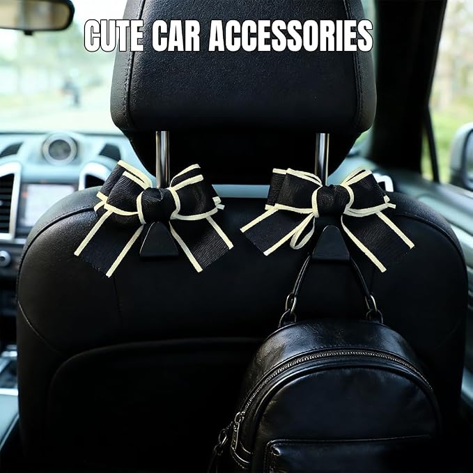 2PCS Car Seat Headrest Hooks, Car Purse Hook, Cute Bow Knot Vehicle Seatback Hanging Storage Organizer, Auto Seatback Decor Organizer Hanger for SUV Truck (White Line) - Image 3
