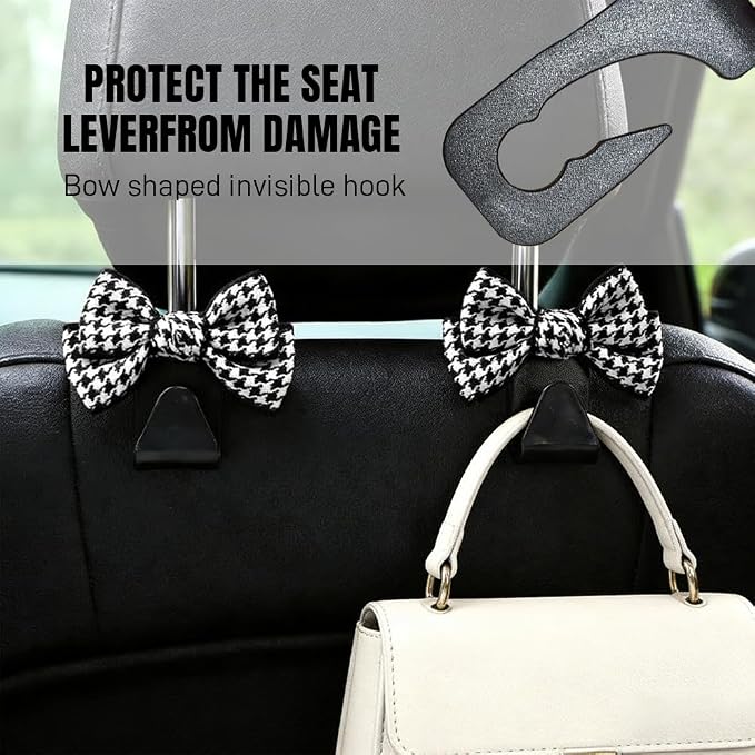 2PCS Car Seat Headrest Hooks, Car Purse Hook, Cute Bow Knot Vehicle Seatback Hanging Storage Organizer, Auto Seatback Decor Organizer Hanger for SUV Truck (Small Houndstooth/Black) - Image 5