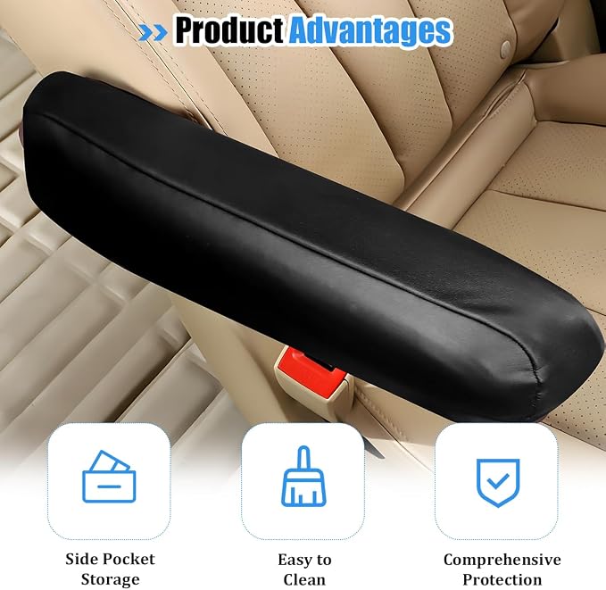2PCS Car Armrest Cover, Soft Leather Anti-Scratch Vehicle Seat Arm Rest Protector with Side Pocket, Breathable Auto Interior Front Seat Armrest Cover Pad, Universal for Most Vehicles - Image 3