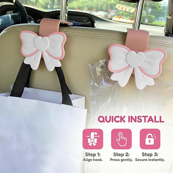 2PCS Car Seat Headrest Hook, Cute Bow Vehicle Backseat Storage Hanger Purse Handbag Organizer, Automotive Seat Back Hook Holder for Umbrella Hat Bag, Universal for Vehicles (White/Pink) - Image 4