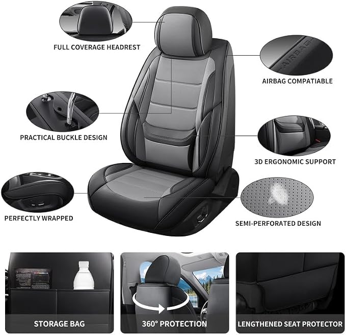 Car Seat Covers Full Set Custom Fit For Lexus ES300 1997-2003, Black&Gray | Lumbar Support, Premium Faux Leather, Breathable, Anti-Slip, Airbag Compatible, Waterproof, Car Seat Protectors, 2 Row-5Seat - Image 3
