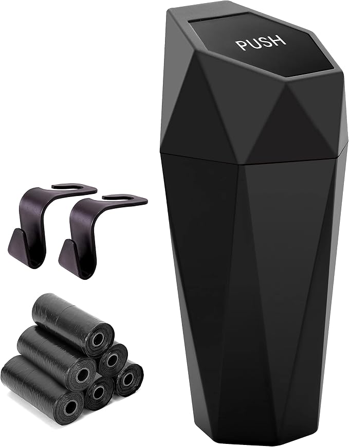 Ginsco Car Trash Can Cup Holder, Mini Car Trash Can with Lid, Car Accessories for Interior, Leakproof Small Trash Cup for Car, Home, Office, Bedroom with Additional 2 Hooks and 90pcs Trash Bags Black by Ginsco