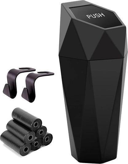 Ginsco Car Trash Can Cup Holder, Mini Car Trash Can with Lid, Car Accessories for Interior, Leakproof Small Trash Cup for Car, Home, Office, Bedroom with Additional 2 Hooks and 90pcs Trash Bags Black by Ginsco