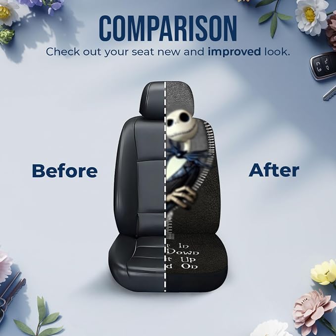 GENANY Gothic Skeleton Suit Car Seat Covers, 2-Piece Front Seat Set | 2-piece polyester front seat cover set, each 35 x 21 x 21 inches, with adjustable straps and hooks - Image 7
