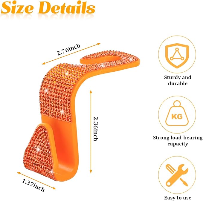 HZEL 4PCS Crystal Rhinestone Vehicle Headrest Hooks for Bags, Orange | plastic and rhinestone build, snap-on headrest mounting, holds bags and umbrellas, uses seatback space, fits vehicles - Image 2
