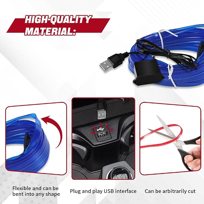 EL Wire Interior Car LED Strip Lights, 16.4FT RGB USB Neon Automotive Light Strip, Electroluminescent Vehicle Ambient Lighting Kit, Interior Decoration Car Accessories (Blue) - Image 5